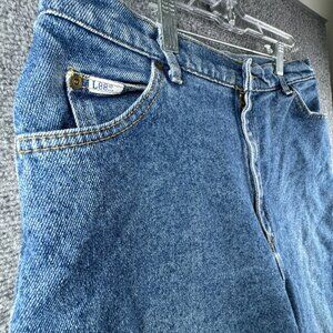 VTG Lee Jeans Women's 18 Med Blue Denim Tapered Leg Leather Patch 80’s 90’s